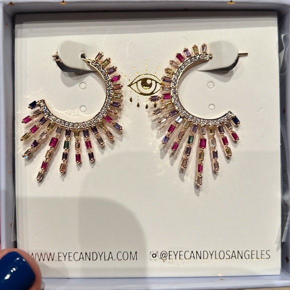 Eye Candy LA Los Angeles Gold and Multicolored Stone hoop earrings - Picture 2 of 2
